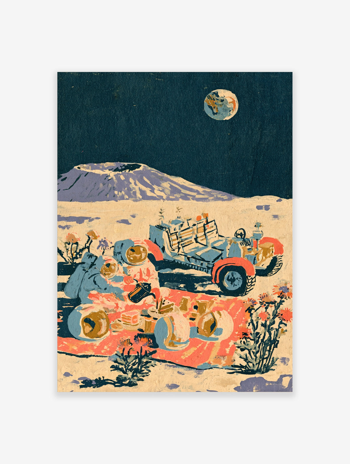 Retro desert camping poster with 4x4, picnic rug, moon, and mountain at night