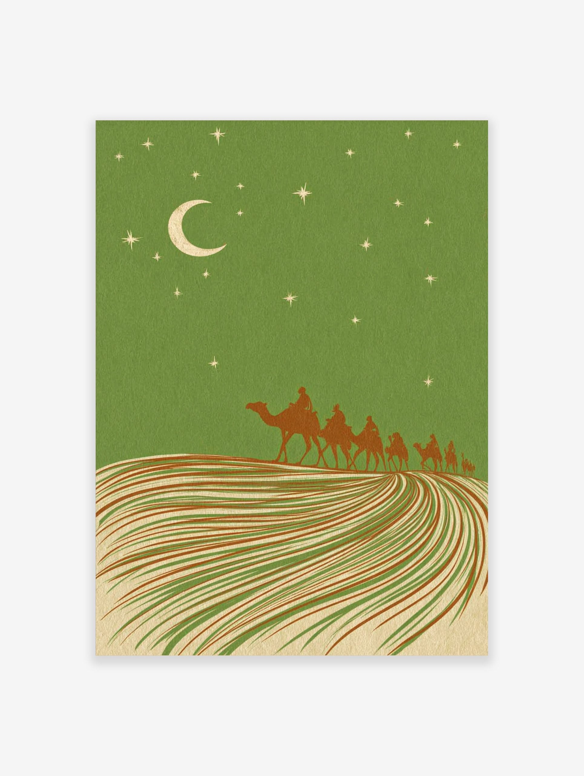 Illustrative desert night scene with camel caravan, crescent moon, and stars against a green sky and striped dunes