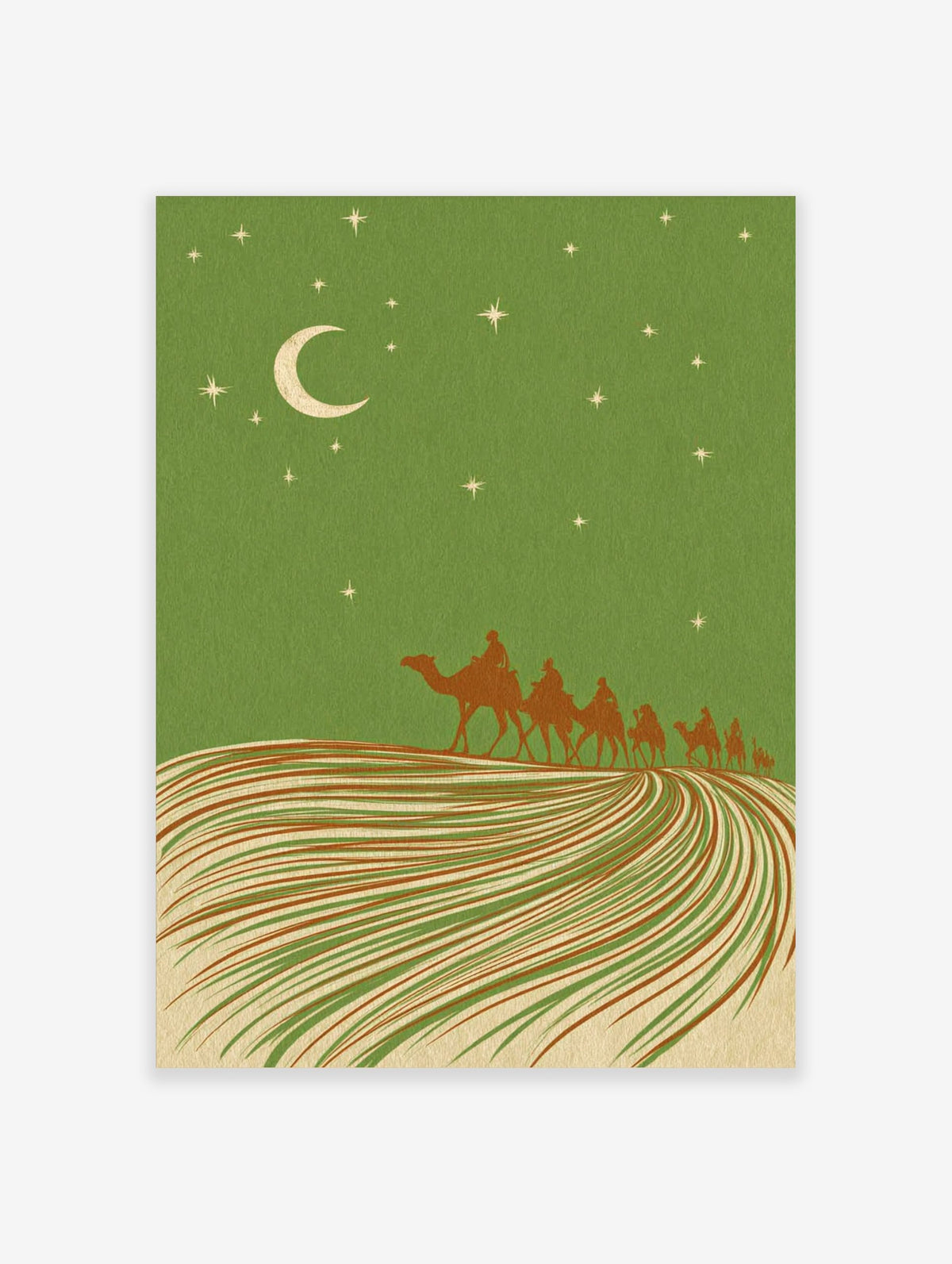 Illustrative desert night scene with camel caravan, crescent moon, and stars against a green sky and striped dunes