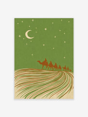 Illustrative desert night scene with camel caravan, crescent moon, and stars against a green sky and striped dunes