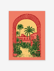 Illustrative print of a desert courtyard with palm trees and buildings, viewed through a textured coral archway