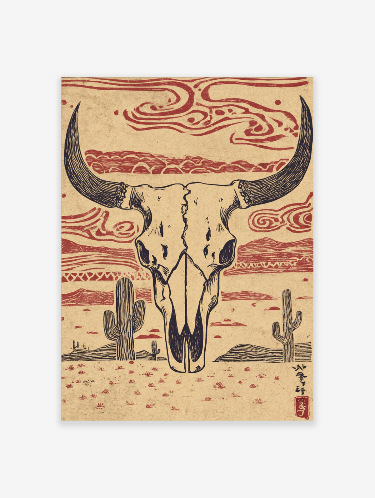 Desert cow skull poster with long horns, two saguaro cacti, red swirling sky, and tan background