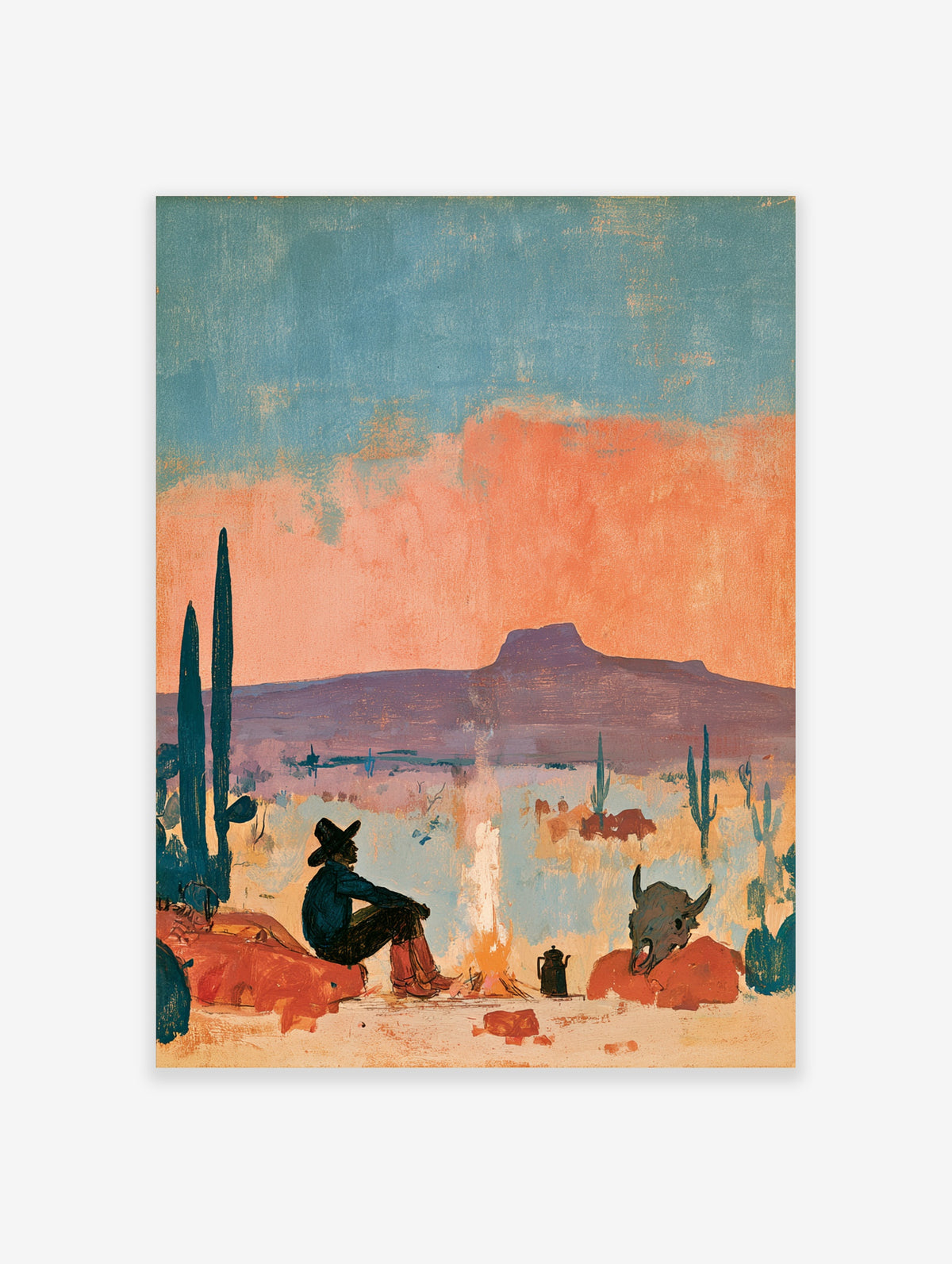 Desert cowboy campfire art print with seated figure, skull, cacti and purple mesa under orange sky