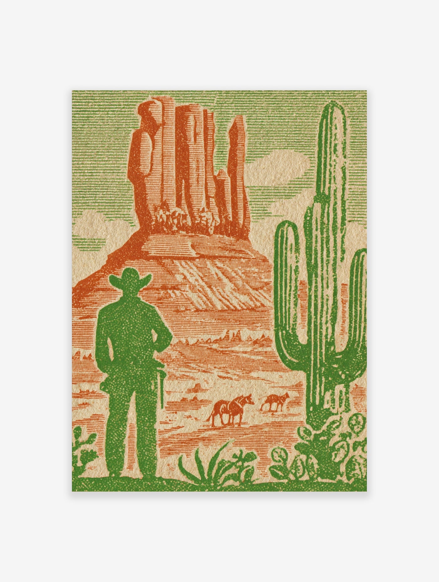 Green cowboy silhouette, saguaro cactus, and orange mesa with horses in desert landscape print