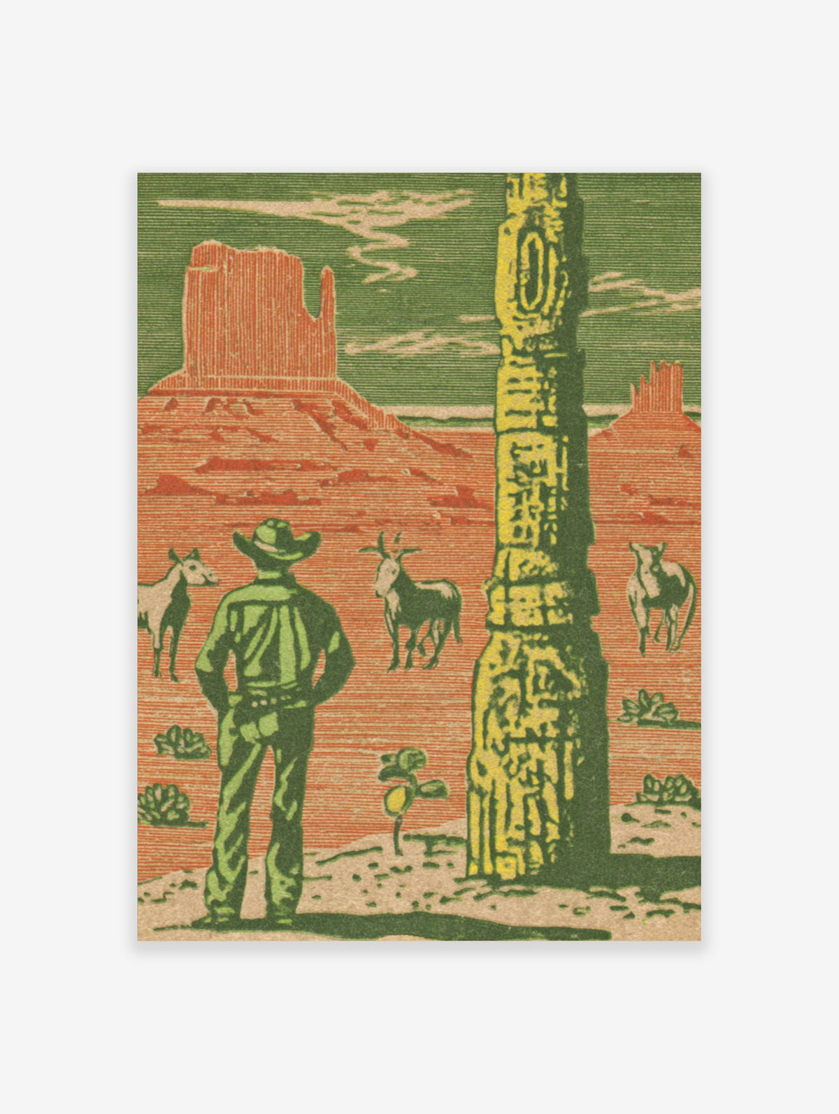 Cowboy in desert with mesas, cacti, and antelope in retro green and orange poster art