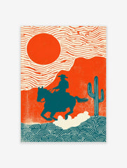 Illustrative Western art print of cowboy on horse against orange sun and desert landscape with cactus