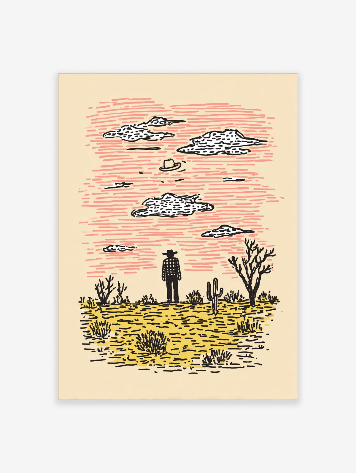 Illustrated desert cowboy print with pink sky, yellow ground, cacti, and a lone figure in a hat