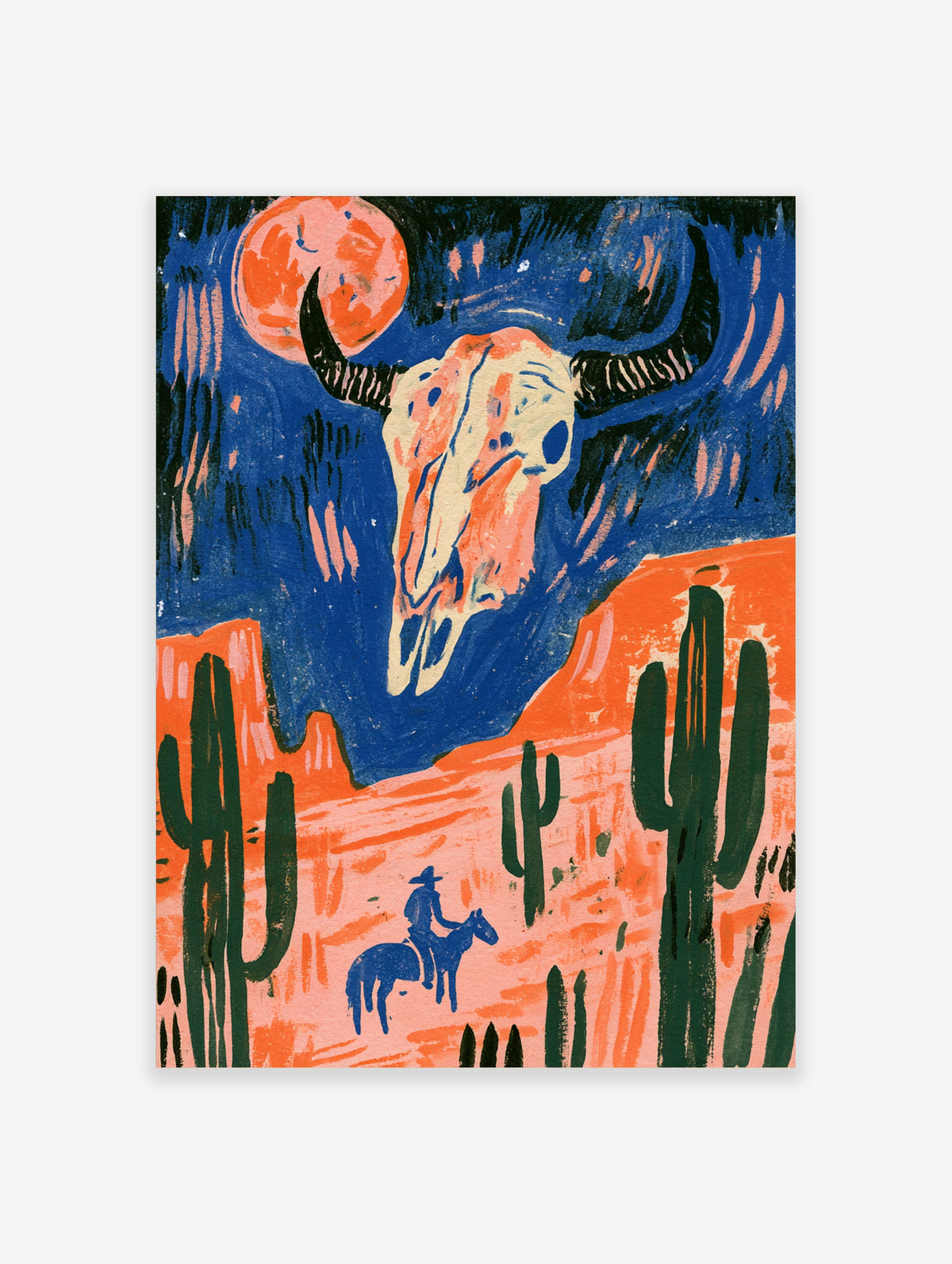 Desert cowboy art print with blue rider, green cacti, bull skull and orange moon on blue sky