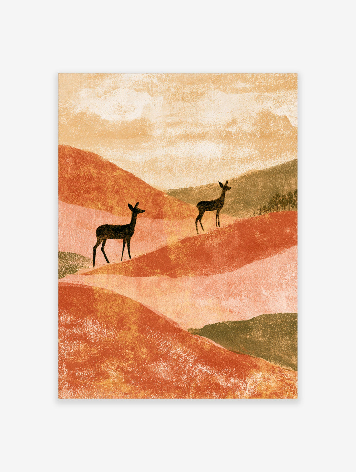 Desert deer silhouette poster with two black deer on orange and pink hills under a pale textured sky