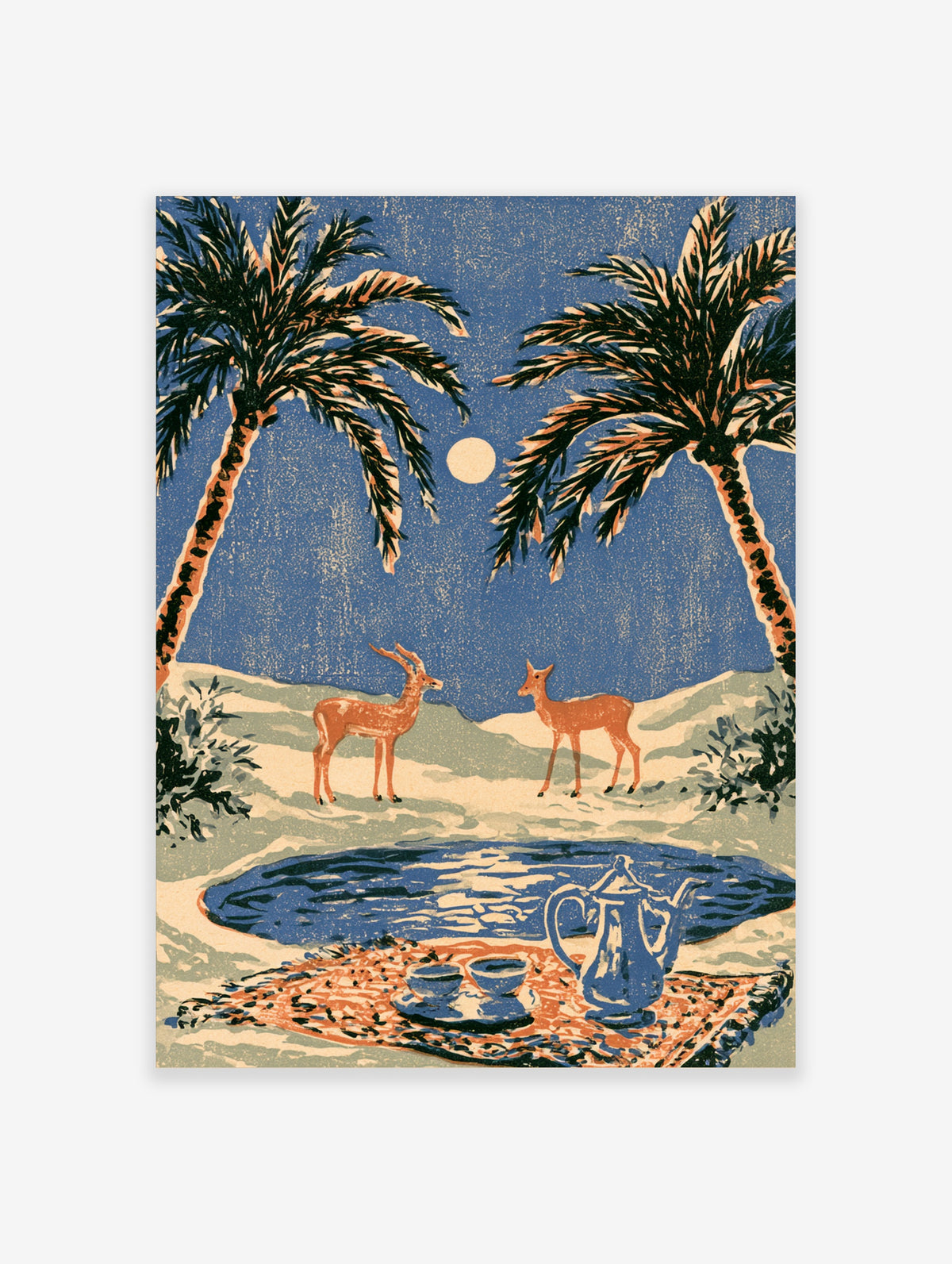 Desert deer wall art print of two gazelles by a moonlit oasis with palm trees and a blue coffee set