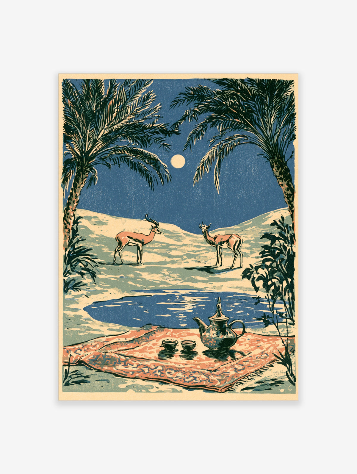 Desert gazelles beside a moonlit oasis with palm trees and a tea set on a patterned rug