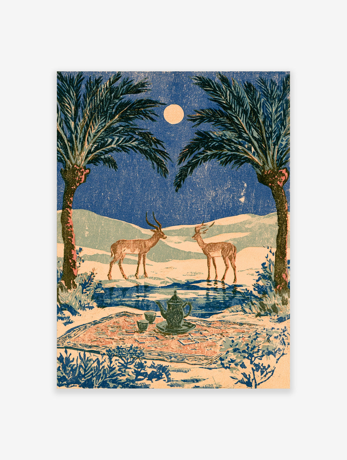 Desert gazelle art print with two antelopes by a moonlit oasis, palm trees, and a teapot on a rug