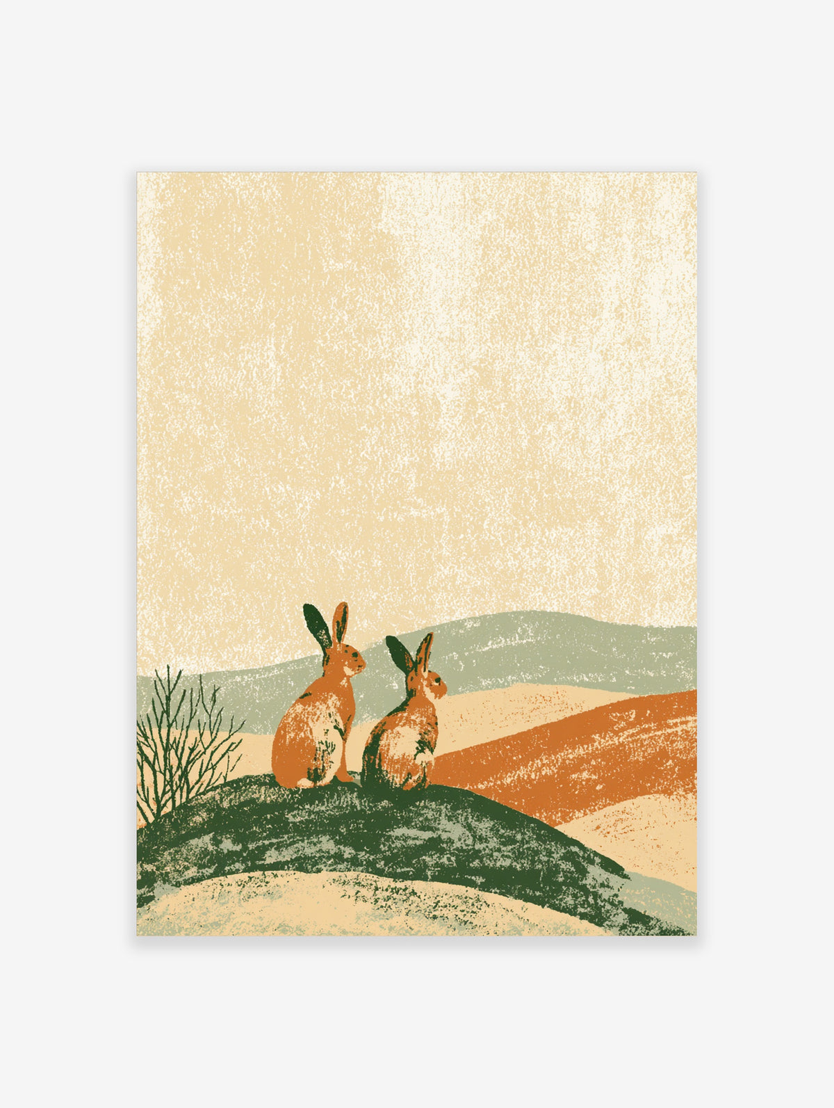 Two brown hares sitting on a dark green ridge with a bare branch, rust hills, and textured beige sky