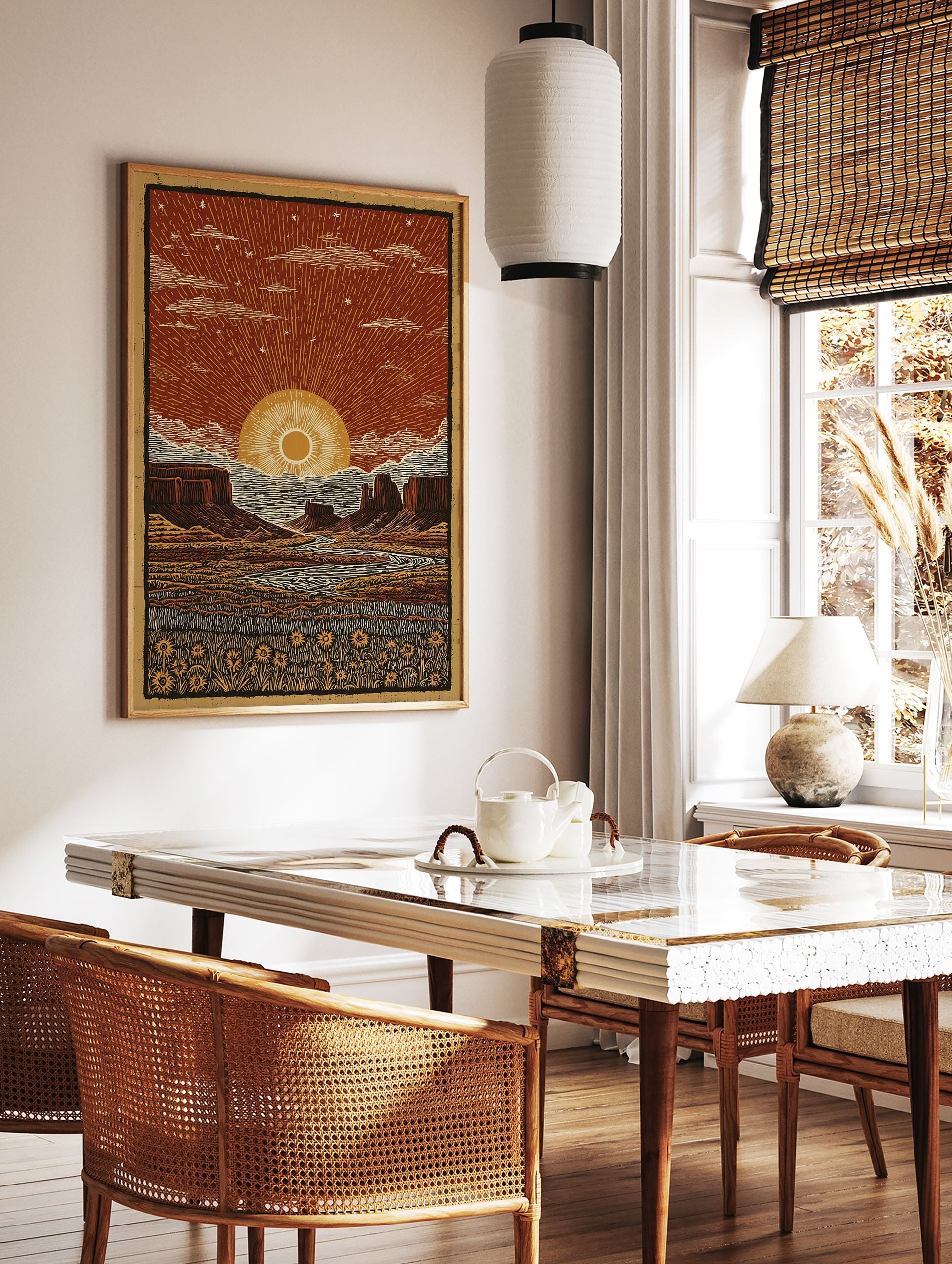 Illustrated desert landscape poster at sunset with mesas, a winding river, and a field of sunflowers under a starry red sky. - Image 2