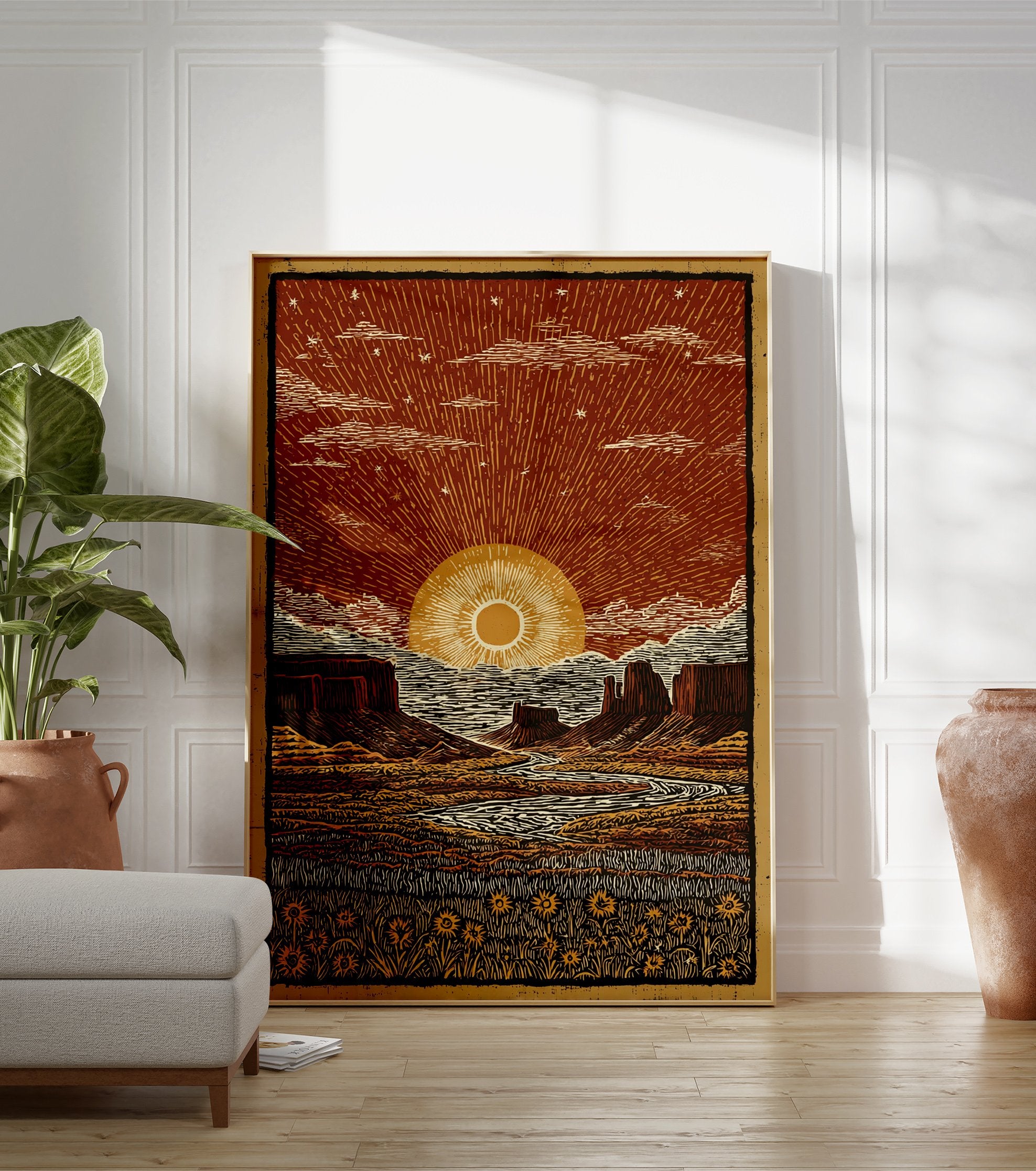 Illustrated desert landscape poster at sunset with mesas, a winding river, and a field of sunflowers under a starry red sky. - Image 3