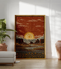 Illustrated desert landscape poster at sunset with mesas, a winding river, and a field of sunflowers under a starry red sky. - Image 3