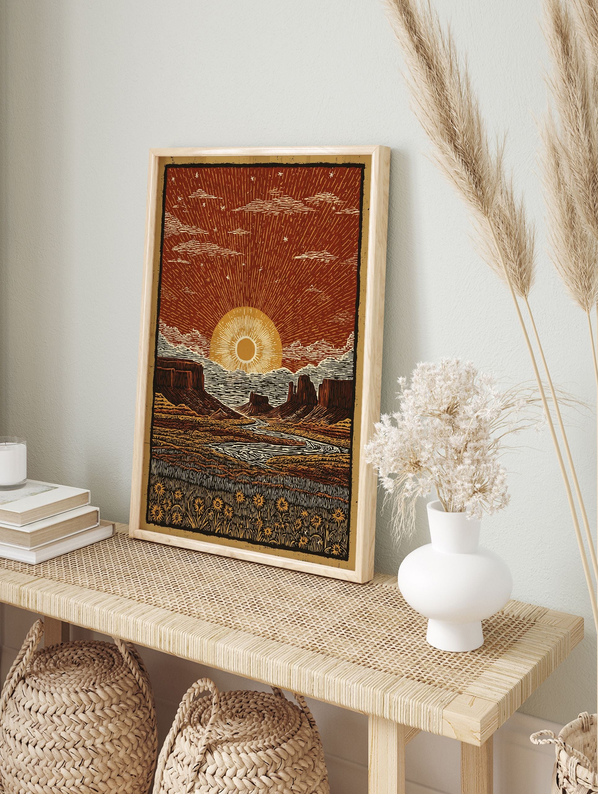 Illustrated desert landscape poster at sunset with mesas, a winding river, and a field of sunflowers under a starry red sky. - Image 4