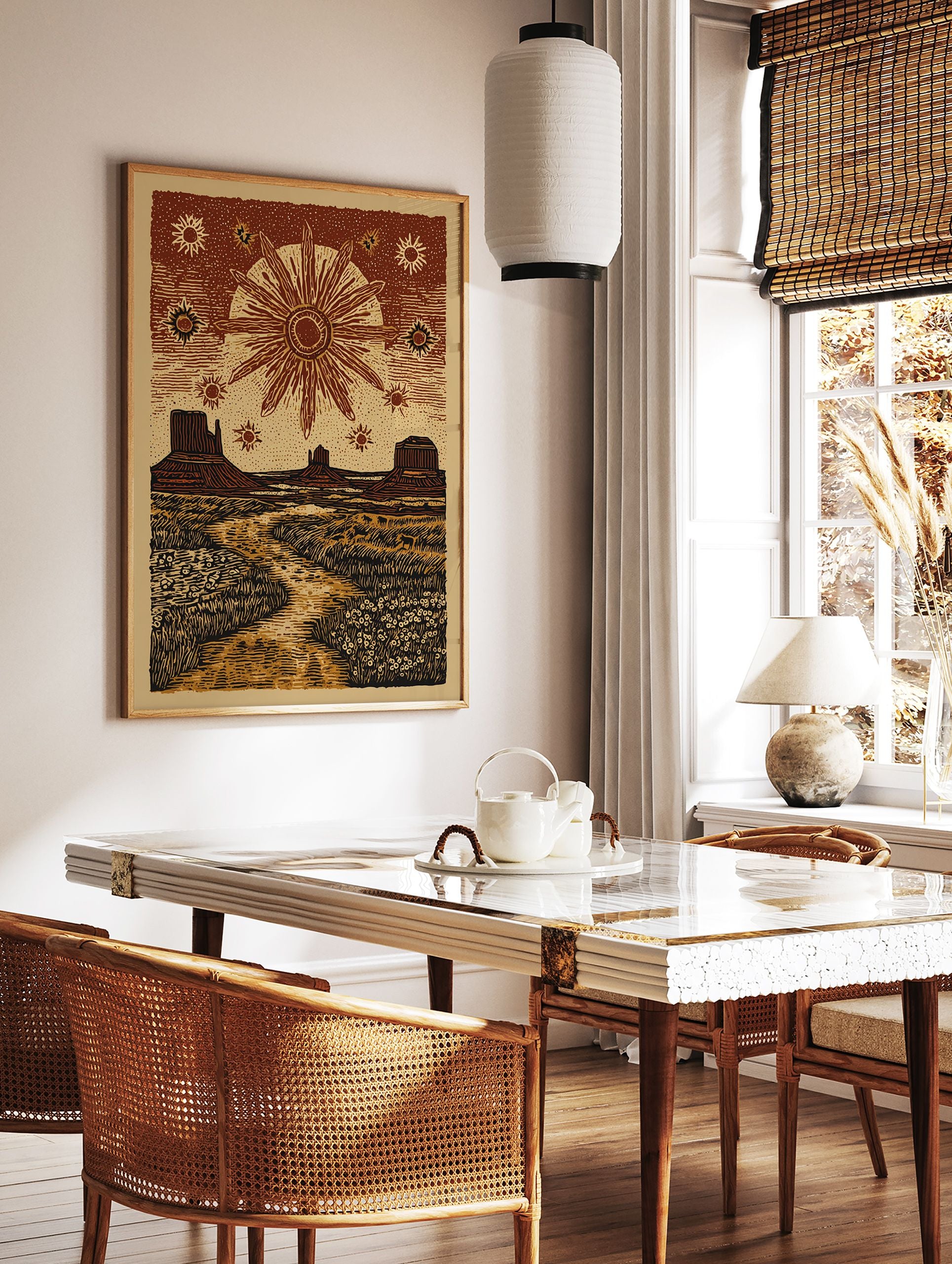 Stylized desert landscape poster featuring mesas, a radiant sun, and stars in a rustic woodcut art style, with a path and flora. - Image 2