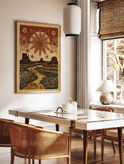 Stylized desert landscape poster featuring mesas, a radiant sun, and stars in a rustic woodcut art style, with a path and flora. - Image 2