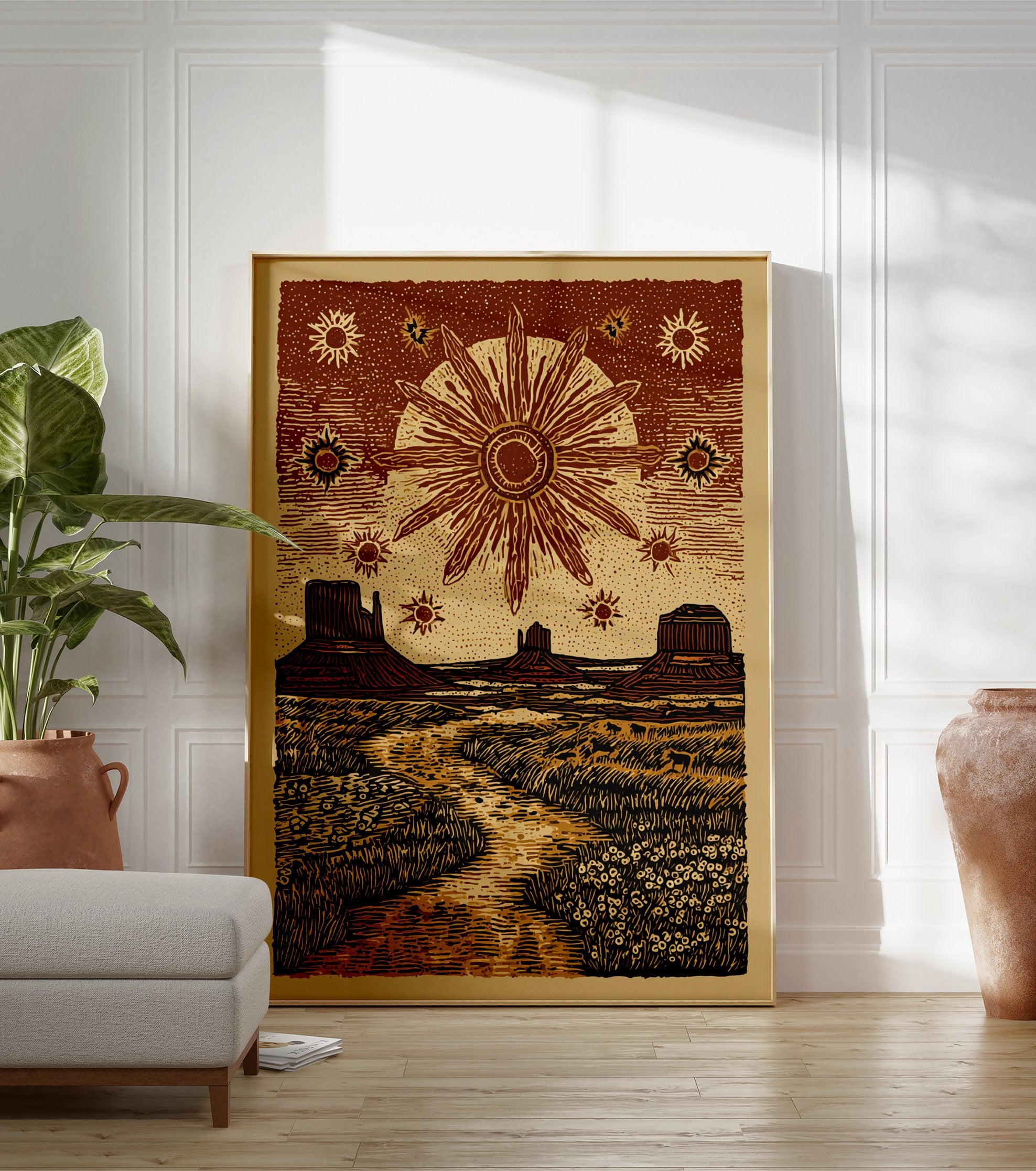 Stylized desert landscape poster featuring mesas, a radiant sun, and stars in a rustic woodcut art style, with a path and flora. - Image 3