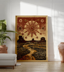 Stylized desert landscape poster featuring mesas, a radiant sun, and stars in a rustic woodcut art style, with a path and flora. - Image 3
