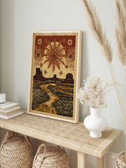 Stylized desert landscape poster featuring mesas, a radiant sun, and stars in a rustic woodcut art style, with a path and flora. - Image 4