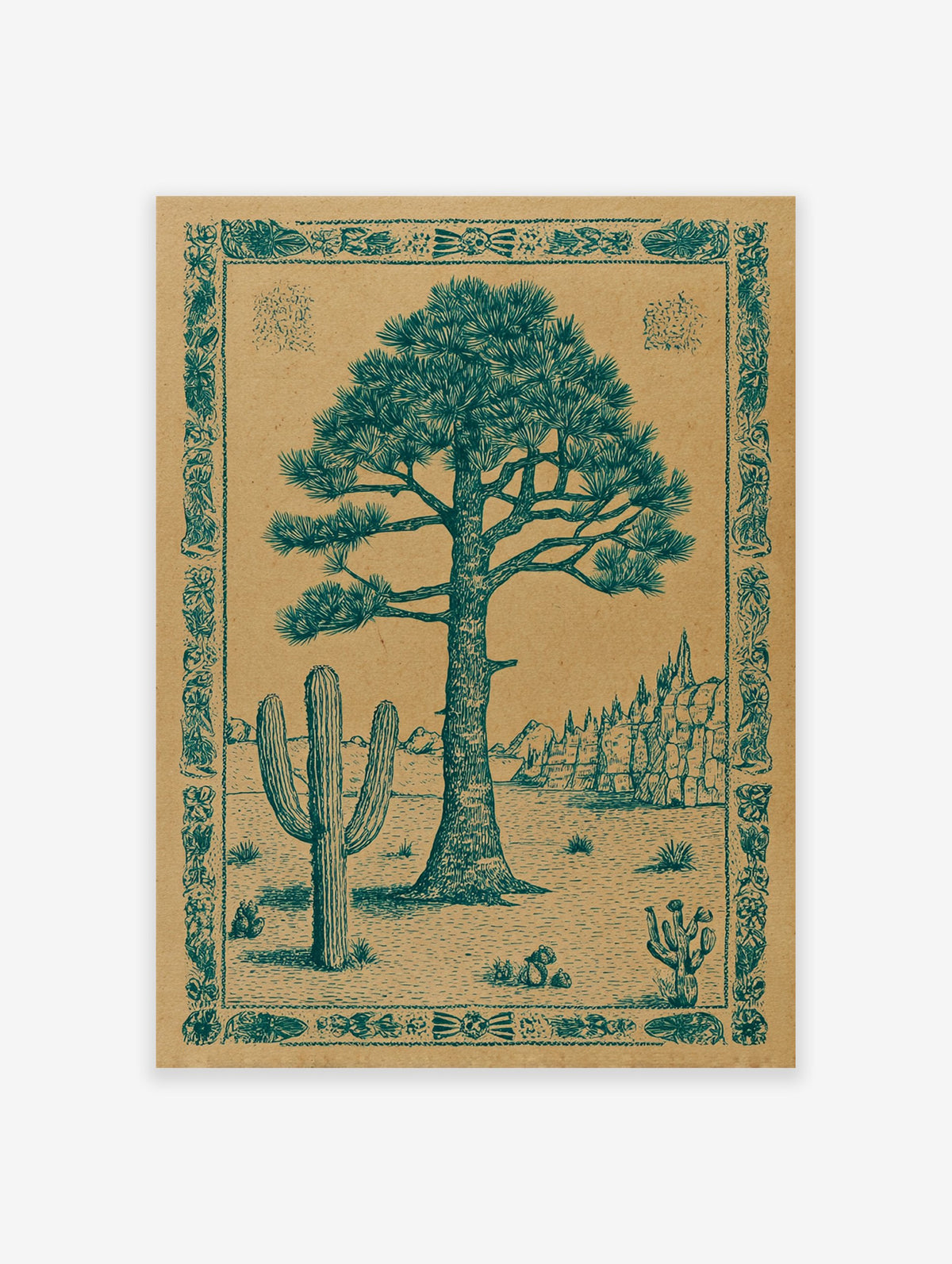 Desert landscape poster featuring a large pine tree and saguaro cactus illustration with an ornate border.