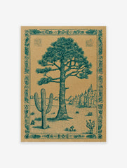Desert landscape poster featuring a large pine tree and saguaro cactus illustration with an ornate border.