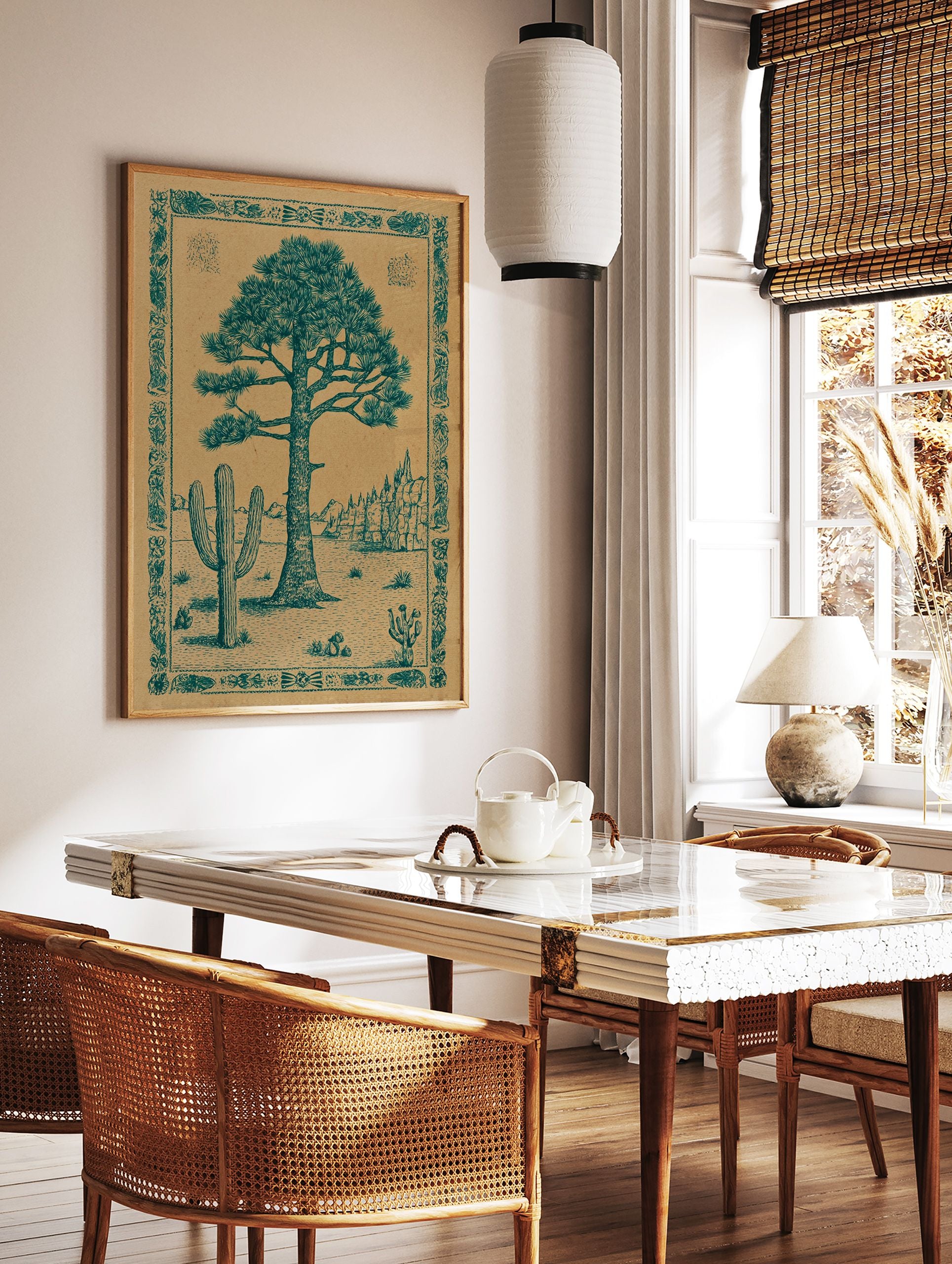 Desert landscape poster featuring a large pine tree and saguaro cactus illustration with an ornate border. - Image 2
