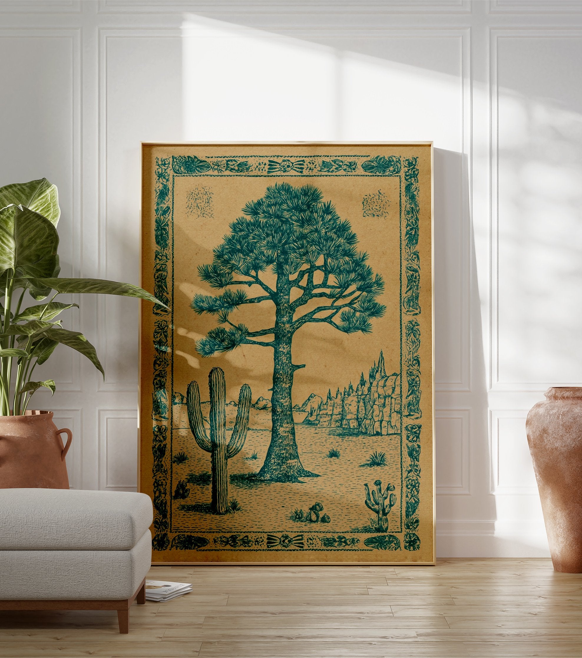 Desert landscape poster featuring a large pine tree and saguaro cactus illustration with an ornate border. - Image 3