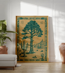 Desert landscape poster featuring a large pine tree and saguaro cactus illustration with an ornate border. - Image 3