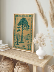Desert landscape poster featuring a large pine tree and saguaro cactus illustration with an ornate border. - Image 4