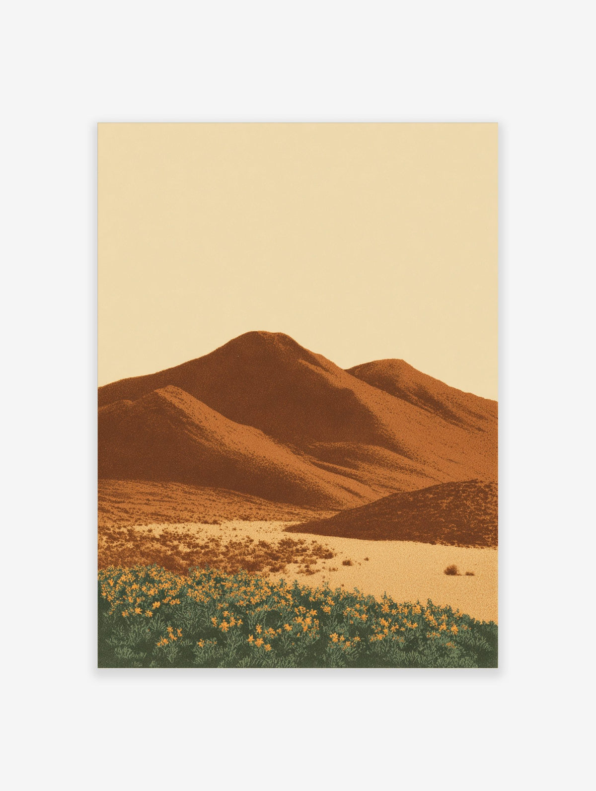 Illustrative desert landscape print with brown mountains, sandy foreground, and yellow flowers