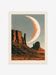 Retro desert landscape wall art featuring mesas and a crescent moon with halftone texture
