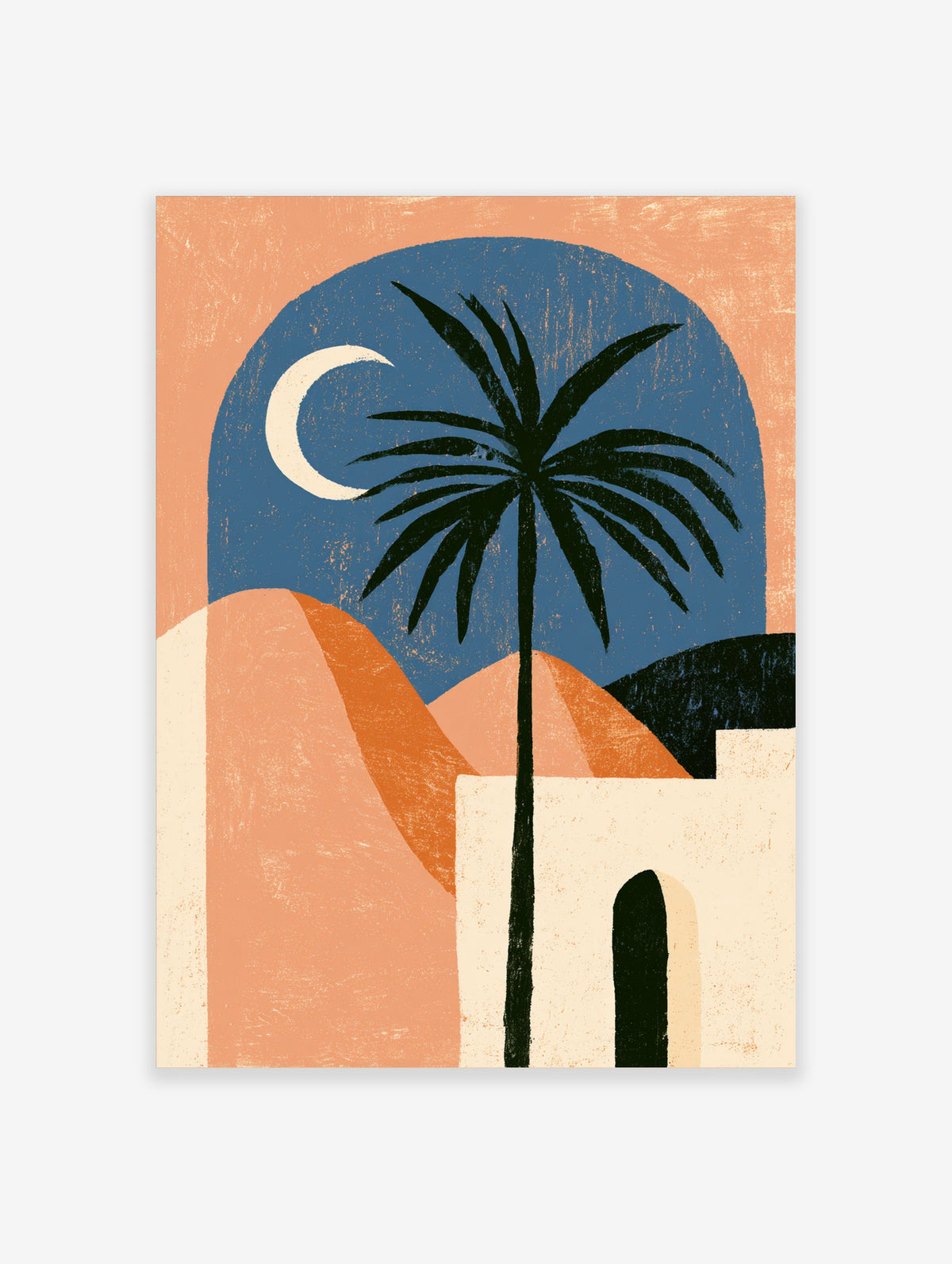 Desert palm tree and crescent moon art print with blue night sky and orange dunes