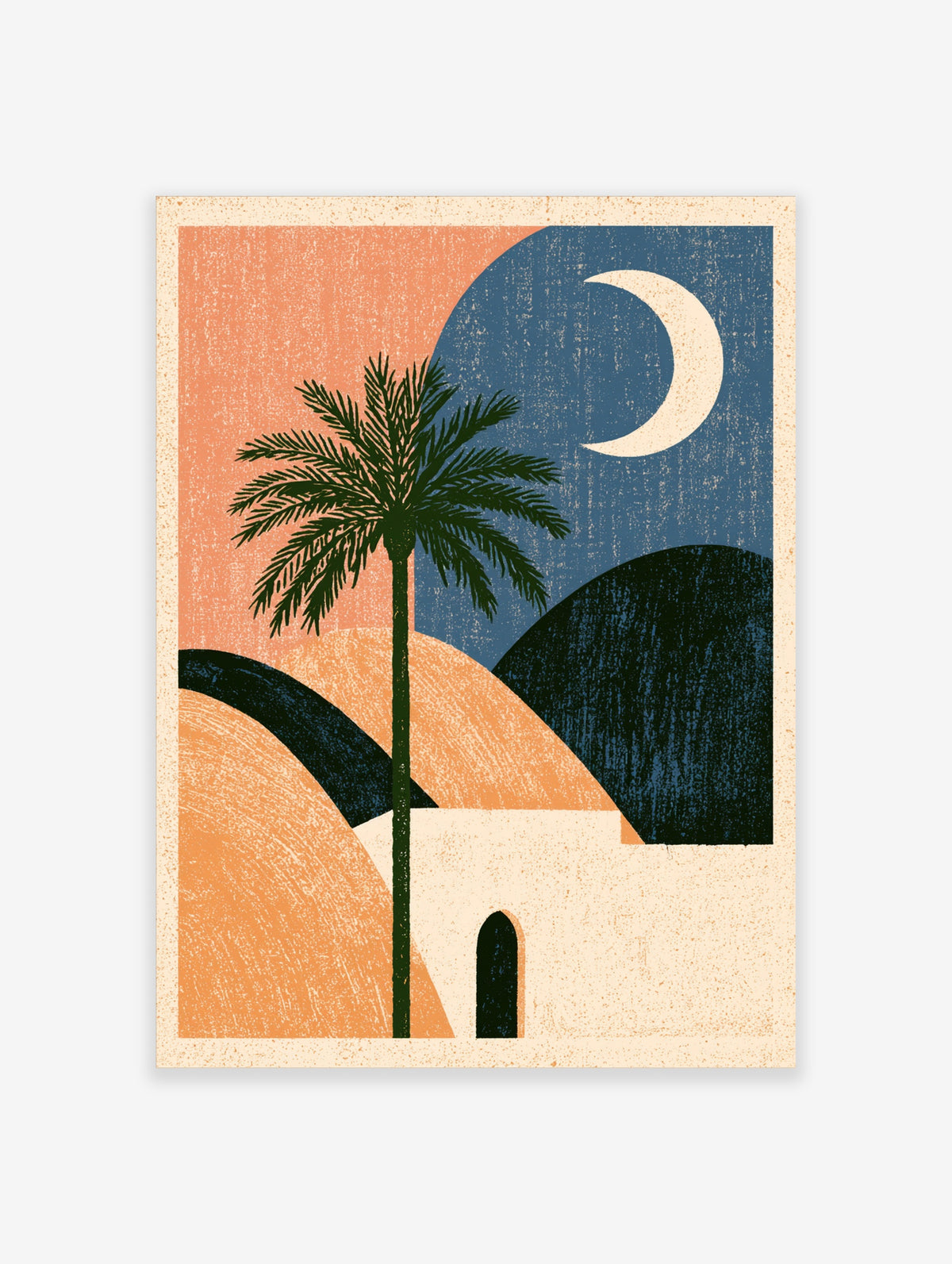Retro desert poster with palm tree, crescent moon, orange dunes, navy sky, and white building