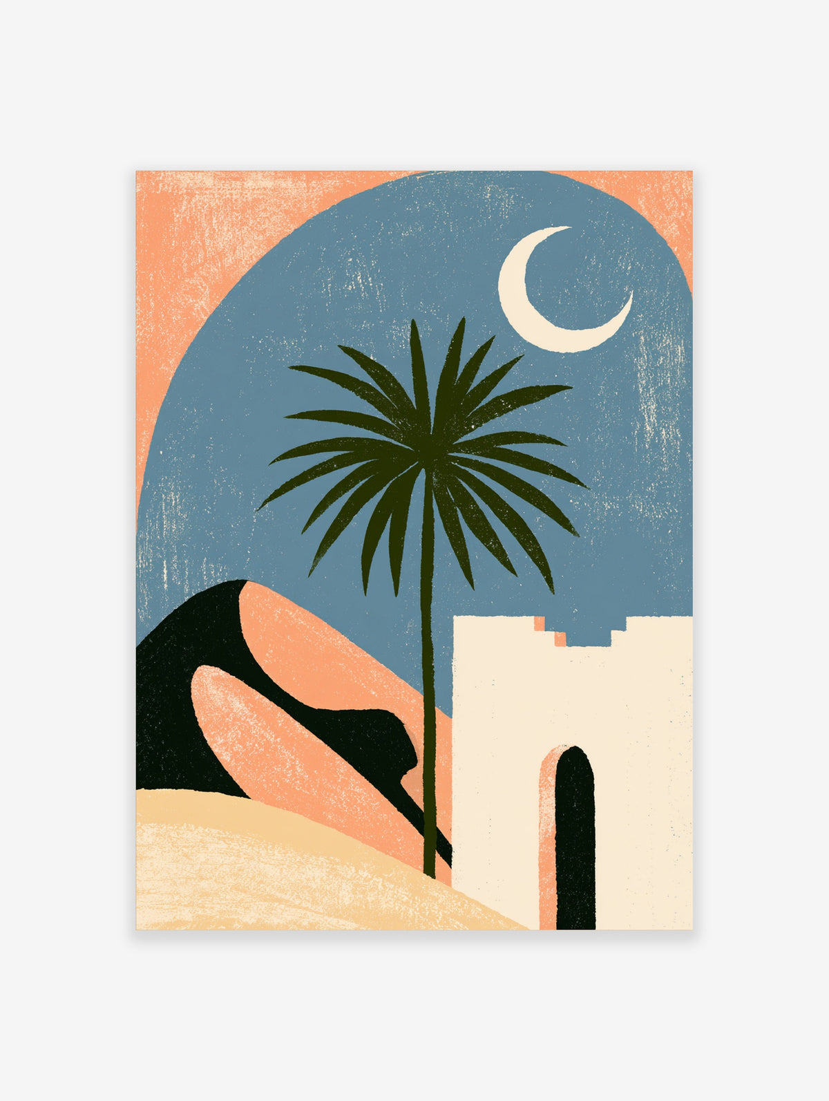 Desert palm tree poster with crescent moon, peach sky, cream building, and black dunes