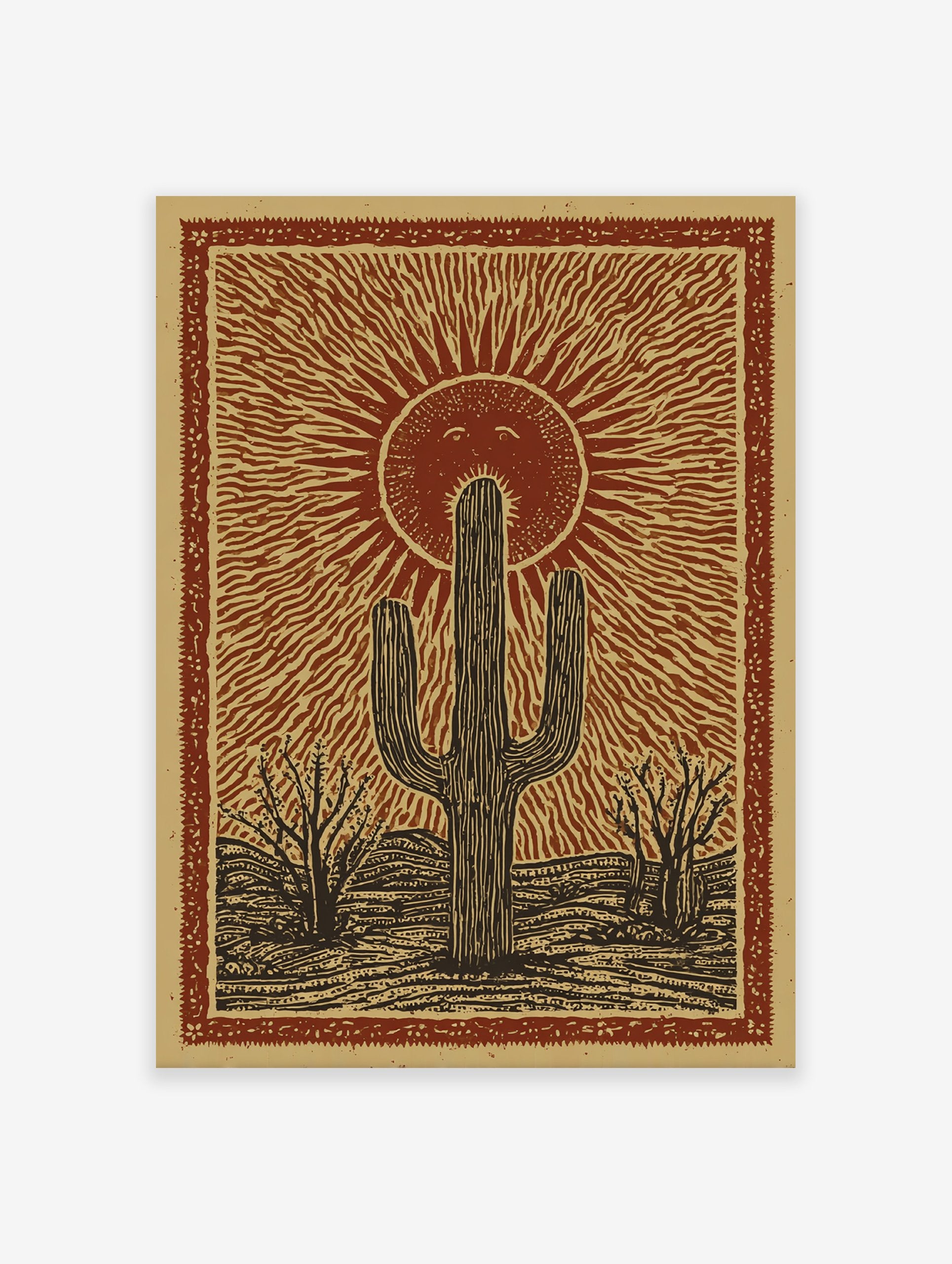 Poster of a rustic desert landscape with a large saguaro cactus, smaller trees, and a smiling sun with rays in a reddish-brown and tan illustration style.