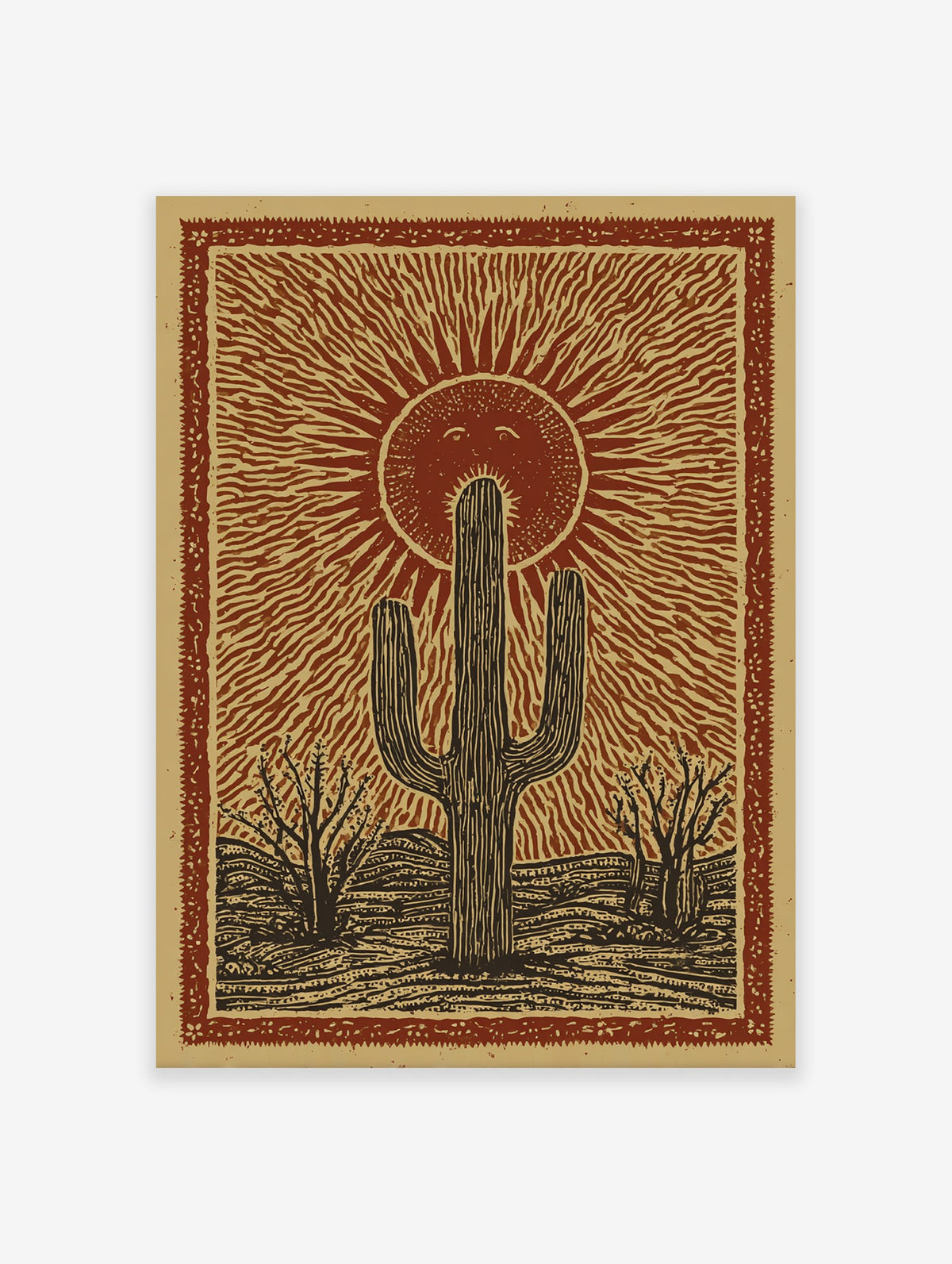 Poster of a rustic desert landscape with a large saguaro cactus, smaller trees, and a smiling sun with rays in a reddish-brown and tan illustration style.