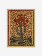 Poster of a rustic desert landscape with a large saguaro cactus, smaller trees, and a smiling sun with rays in a reddish-brown and tan illustration style.