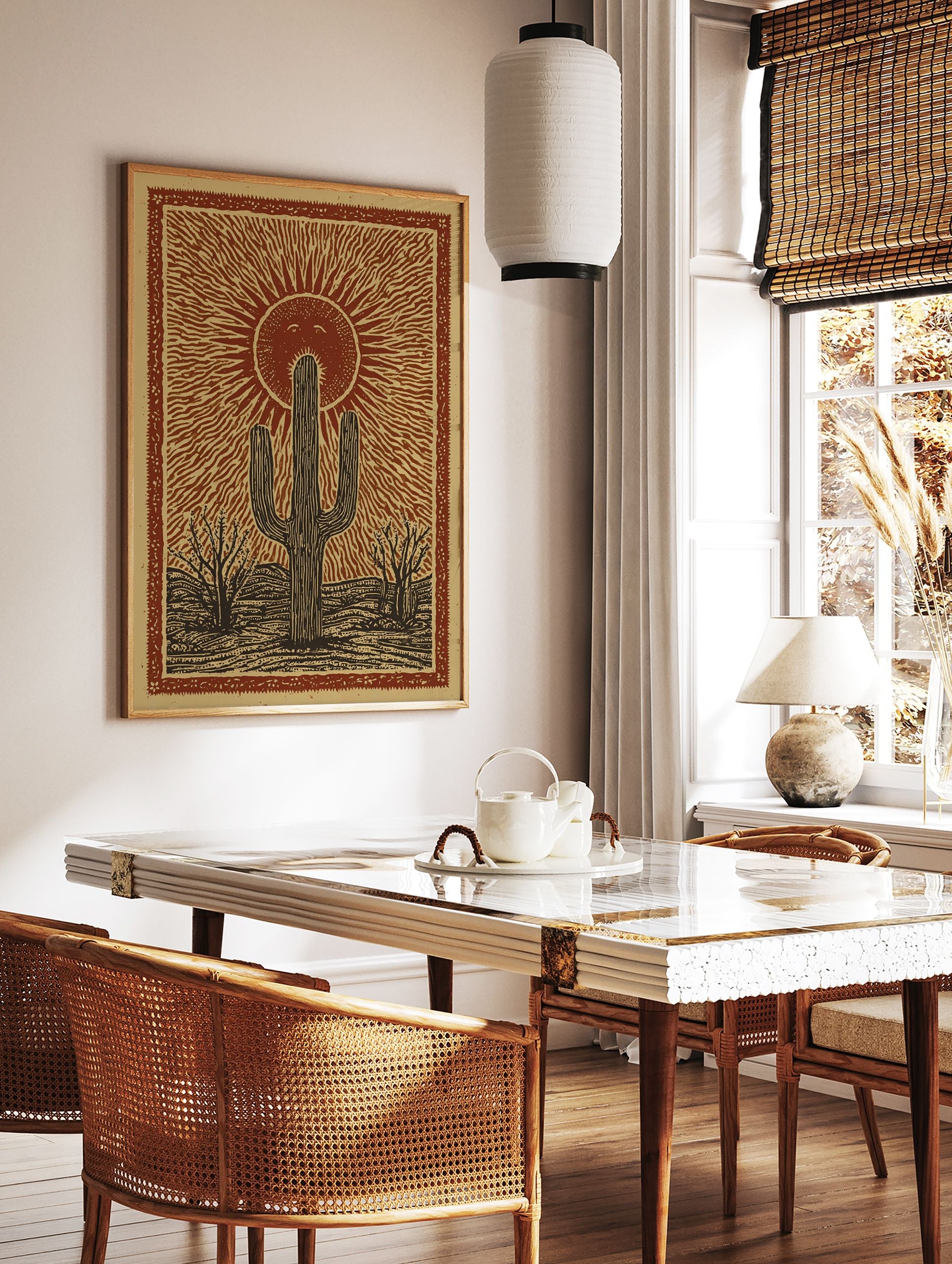 Poster of a rustic desert landscape with a large saguaro cactus, smaller trees, and a smiling sun with rays in a reddish-brown and tan illustration style. - Image 2