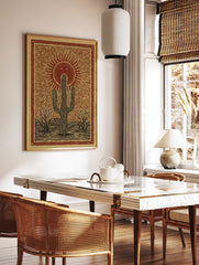 Poster of a rustic desert landscape with a large saguaro cactus, smaller trees, and a smiling sun with rays in a reddish-brown and tan illustration style. - Image 2