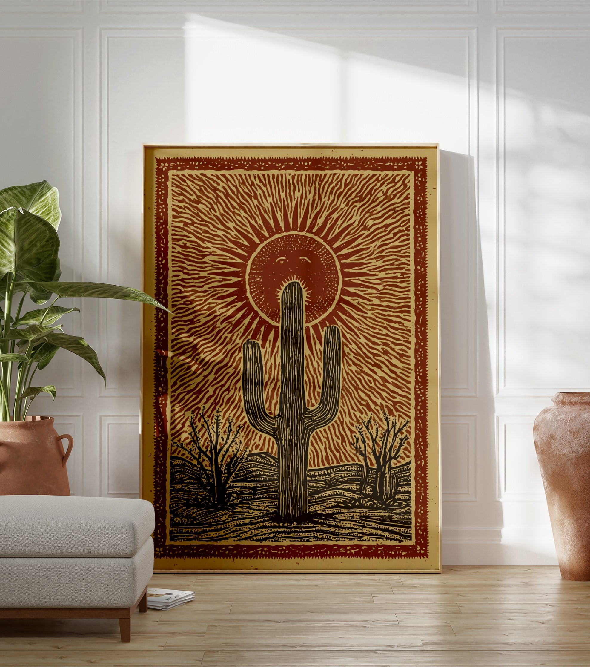 Poster of a rustic desert landscape with a large saguaro cactus, smaller trees, and a smiling sun with rays in a reddish-brown and tan illustration style. - Image 3