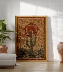 Poster of a rustic desert landscape with a large saguaro cactus, smaller trees, and a smiling sun with rays in a reddish-brown and tan illustration style. - Image 3