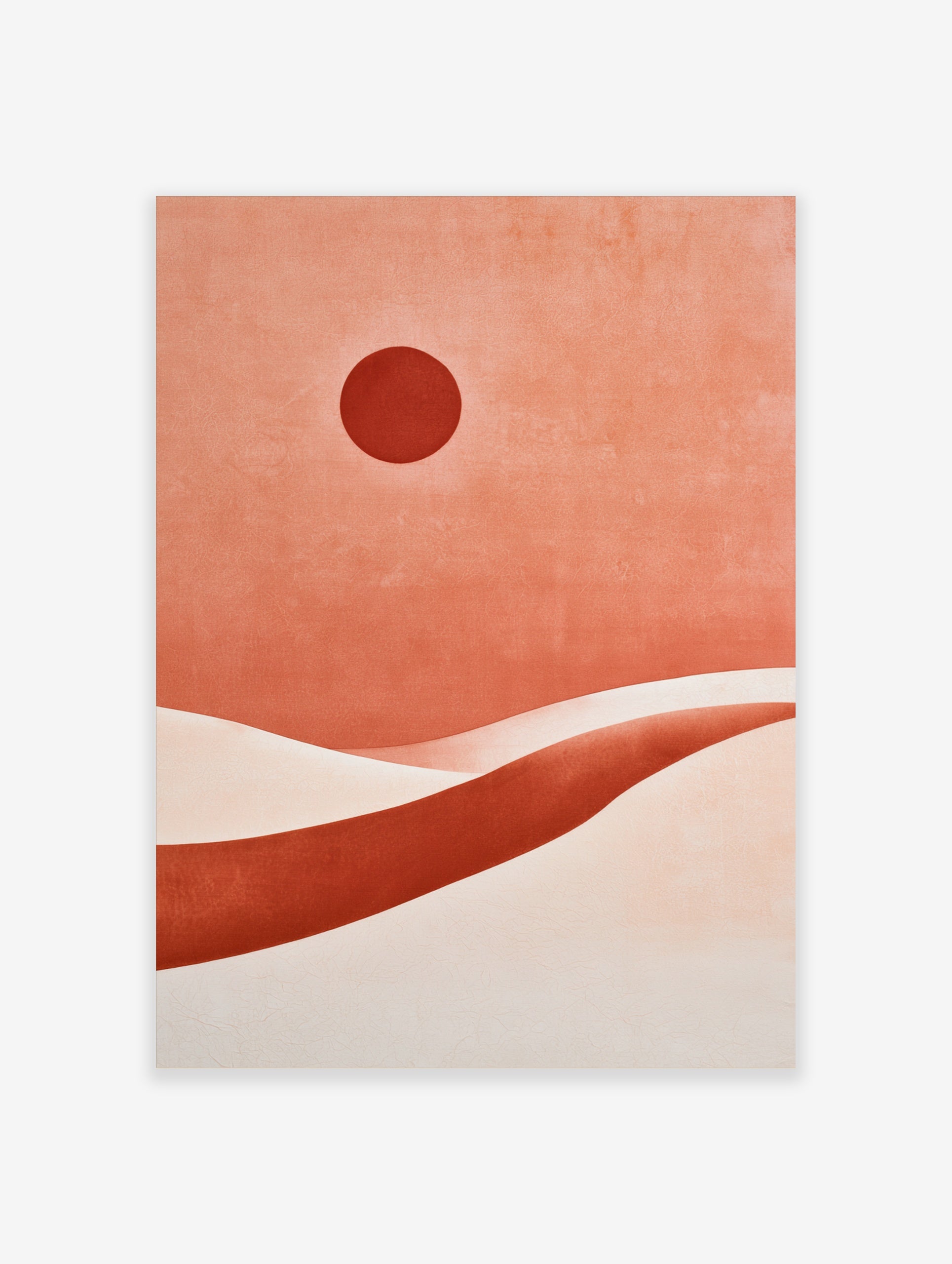 Abstract desert landscape with a dark red sun and layered terracotta sand dunes in a minimalist illustrative style