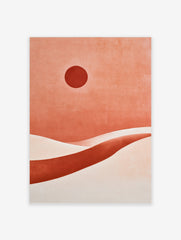 Abstract desert landscape with a dark red sun and layered terracotta sand dunes in a minimalist illustrative style