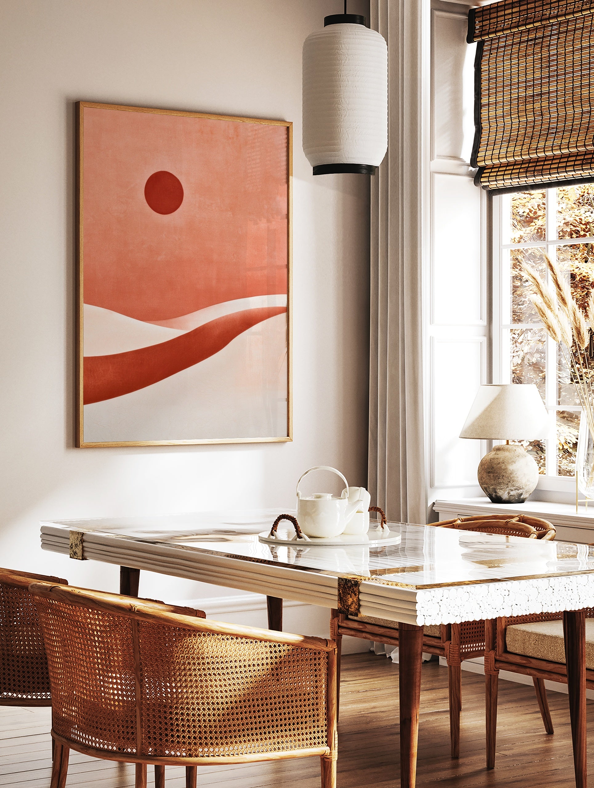 Abstract desert landscape with a dark red sun and layered terracotta sand dunes in a minimalist, in a styled room mockup