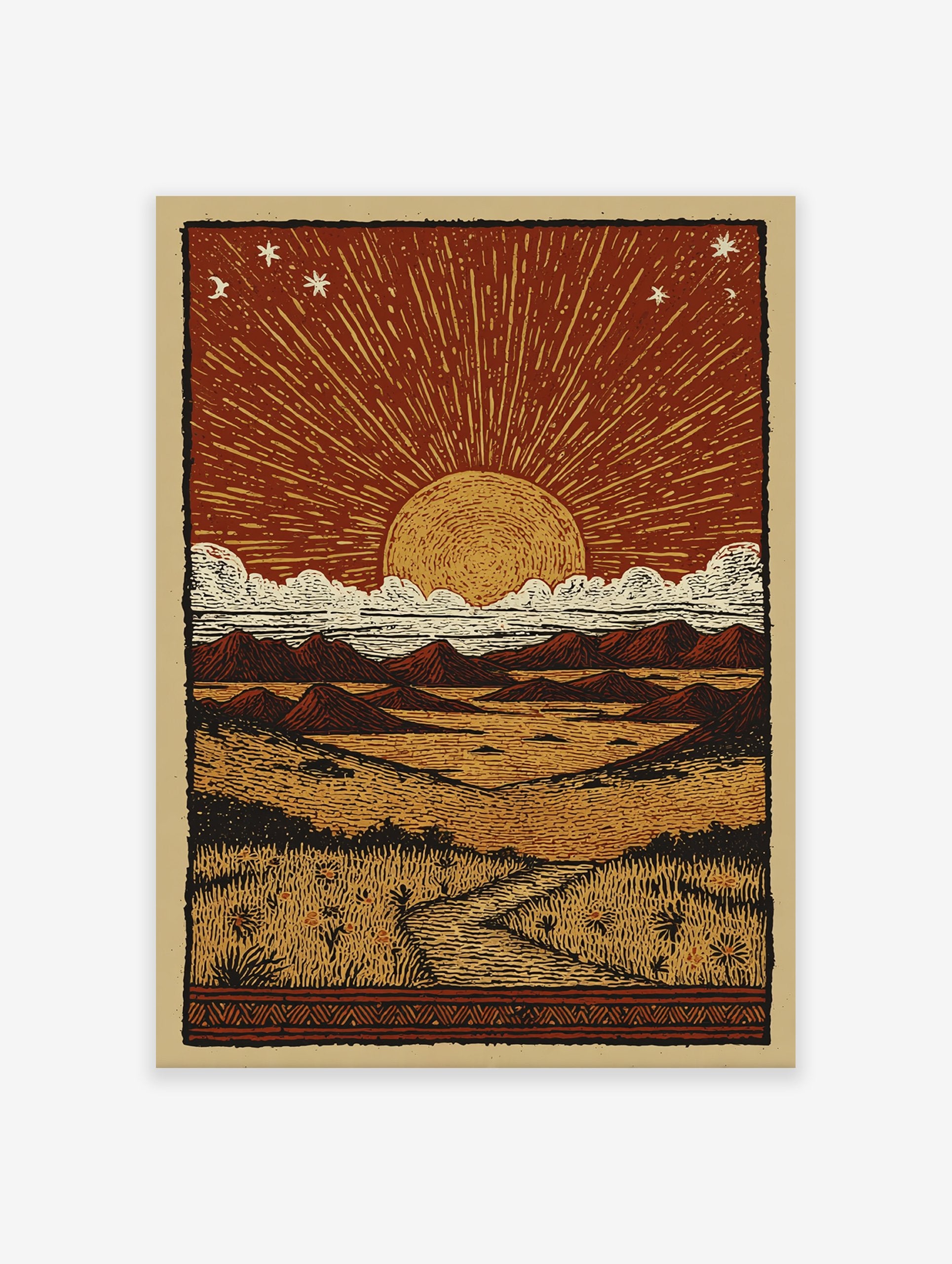 Desert Sun Linocut Poster depicting a sunset/sunrise over a vast landscape with mountains, clouds, and a path through grass.