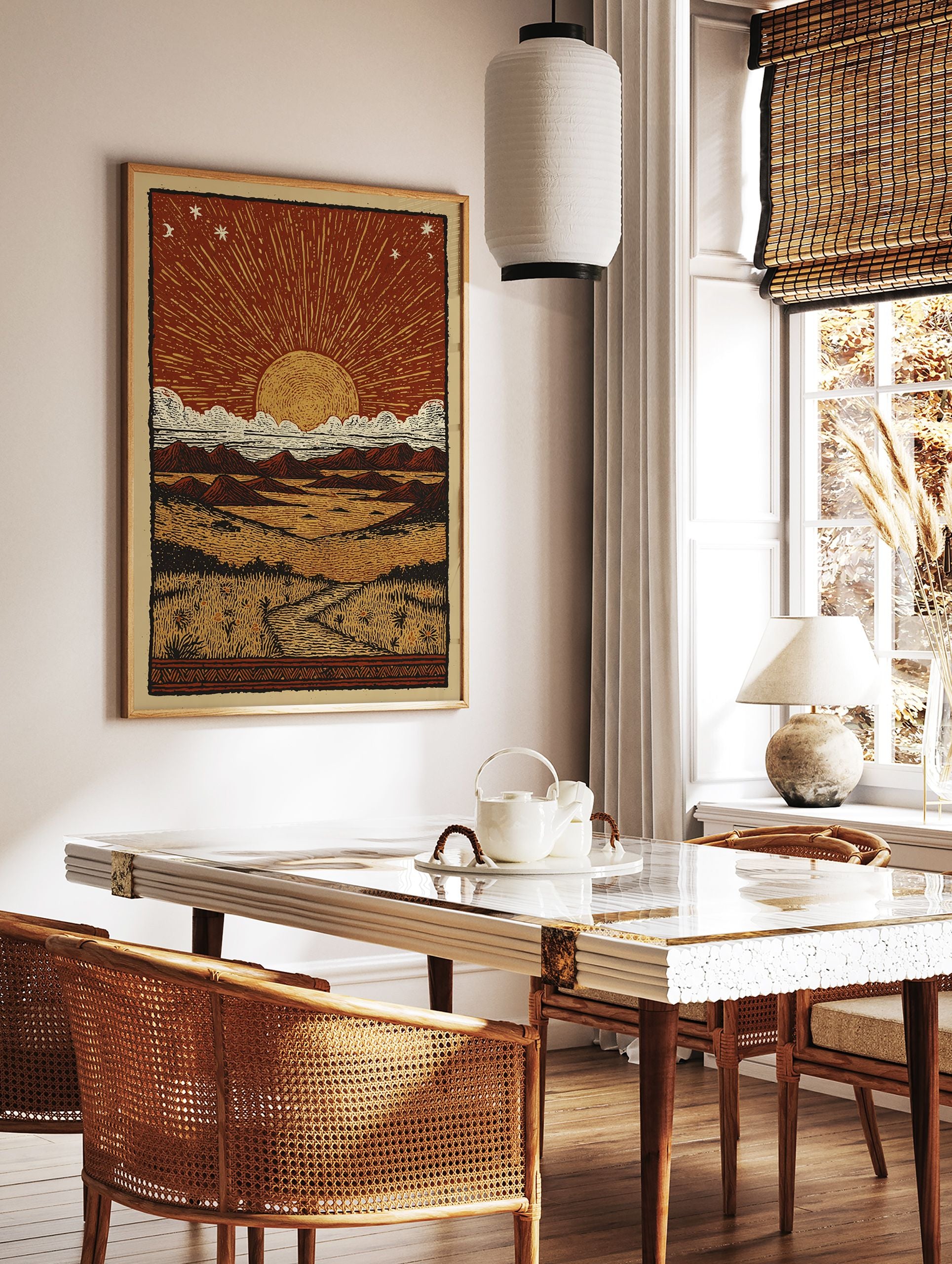 Desert Sun Linocut Poster depicting a sunset/sunrise over a vast landscape with mountains, clouds, and a path through grass. - Image 2