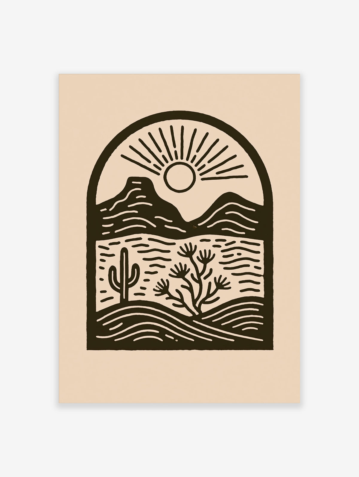 Minimalist desert landscape art print with sun, cactus and wavy lines in dark brown on beige